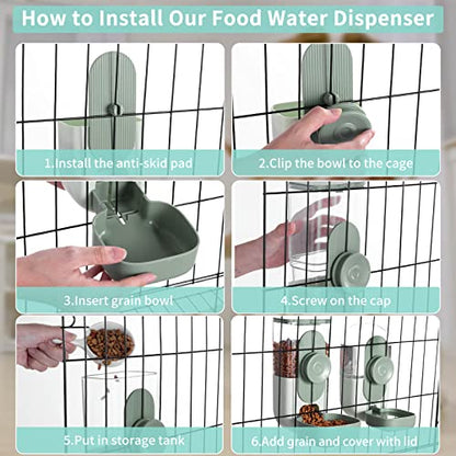 Lemtrflo Hanging Automatic Food and Water Dispenser, Gravity Rabbit Feeder Set, Cage Cat and Bunny Food Bowl (Cage Grid Spacing Over 1.2'') - color: Green