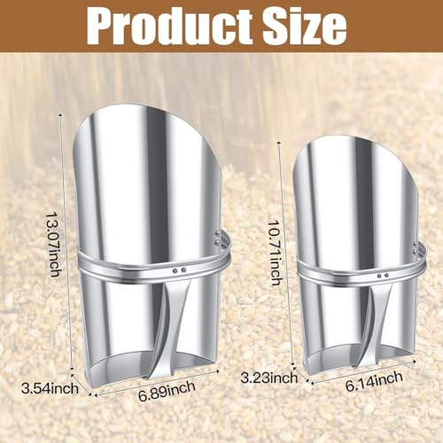2Pcs Metal Feed Grain Scoop for Livestock 2 Sizes Heavy Duty Stackable Horse Feed Scoop with Handle for Gardening Farms Silver