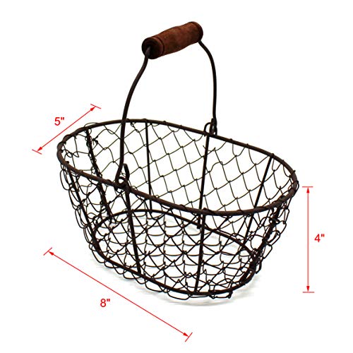 CVHOMEDECO. Metal Wire Small Egg Baskets Rust Fruit Baskets with Wooden Handle Country Vintage Style Storage Baskets. Set of 2
