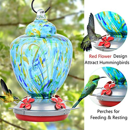 REZIPO Hummingbird Feeder with Perch - Hand Blown Glass - Light Green - 38 Fluid Ounces Hummingbird Nectar Capacity Include Hanging Wires and Moat Hook - color: Light Green