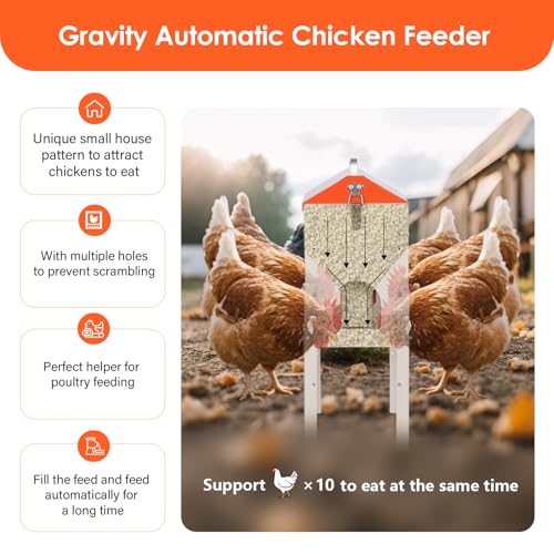 15lbs Automatic Chicken Feeder - 10 Feeding Ports | No Waste Poultry Feeder, Large Feeding Though Dispenser for Chickens Duck, Galvanized Metal Material, Sturdy And Durable