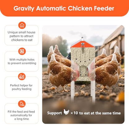 15lbs Automatic Chicken Feeder - 10 Feeding Ports | No Waste Poultry Feeder, Large Feeding Though Dispenser for Chickens Duck, Galvanized Metal Material, Sturdy And Durable
