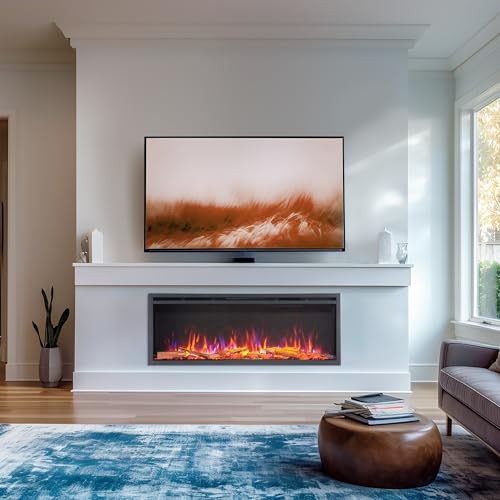 LegendFlame 50" W Smart Wall Mount & in Wall Recessed Electric Fireplace Insert, Heater 750W/1500W, Multi Colors of Flame & Fuel Bed, Alexa/Google Assistant Enabled - size: 50" DEEP
