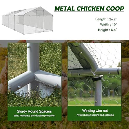Large Metal Chicken Coop Round Top Upgrade Tri-Supporting Wire Mesh Chicken Run,Chicken Pen with Water-Resident and Anti-UV Cover,Duck Rabbit House Outdoor (Spire Roof 10’ W x 26.2’ L x 6.5’ H) - size: 314.4"L x 120.0"W x 78.0"H
