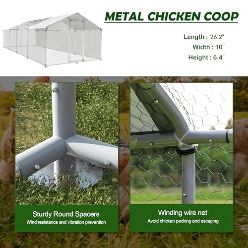 Large Metal Chicken Coop Round Top Upgrade Tri-Supporting Wire Mesh Chicken Run,Chicken Pen with Water-Resident and Anti-UV Cover,Duck Rabbit House Outdoor (Spire Roof 10’ W x 26.2’ L x 6.5’ H) - size: 314.4"L x 120.0"W x 78.0"H