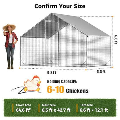 CAMMOO Metal Chicken Coop with Run, 9.8x6.6x6.6ft Walk-in Chicken Run for Yard with Cover, Upgrade Double Lock & Tough Mesh, Stainless Steel Ties, Easy Assembly, Chicken Pen for Ducks, Rabbits - size: 9.8'L x 6.6'W x 6.6'H