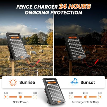 24 Hour Solar Electric Fence Charger, 10 Miles, Up to 10200v Output Range Electric Fence Charger, 0.18J Portable Energizer with Solar Panel for Livestock & Predator Protection - color: Black