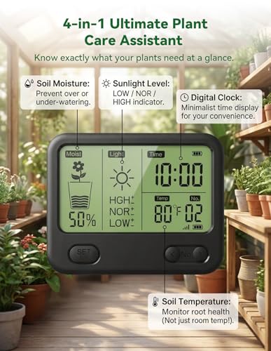 Nexuslab Wireless Soil Moisture Meter with LCD Receiver – 3‑Probe 3‑in‑1 Sensor (Moisture, Temperature, Light), 230 ft RF Range, Waterproof, Long Battery Life for Indoor/Outdoor Plants and Gardens - size: Main Unit + 2 Sensors