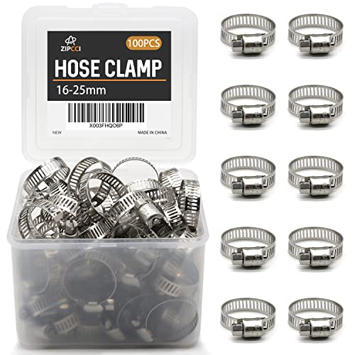 ZIPCCI Hose Clamp, 100 Pack Stainless Steel Hose Clamps Worm Gear Fuel Line Pipe Clamps, 16-25mm (5/8-1 inch) - size: 16-25mm (5/8-1 inch)
