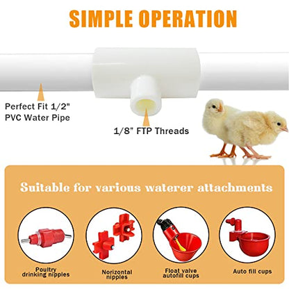 20 Pieces Chicken Waterer PVC Tee Fittings, Automatic Poultry Waterers PVC Fittings for 1/8" FTP Threads, Chicken Water Drinker and Feeder Cups for Poultry Nipples Chicken - size: 20