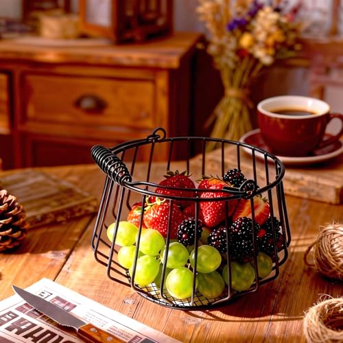 Wire Egg Basket for Gathering Fresh Eggs with Coiled Handle, Chicken Coop | Egg Basket Countertop, Fruit Basket Kitchen Counter, Harvest Basket, Easter Egg Basket, Holds 24 Eggs, Stable Base, Black