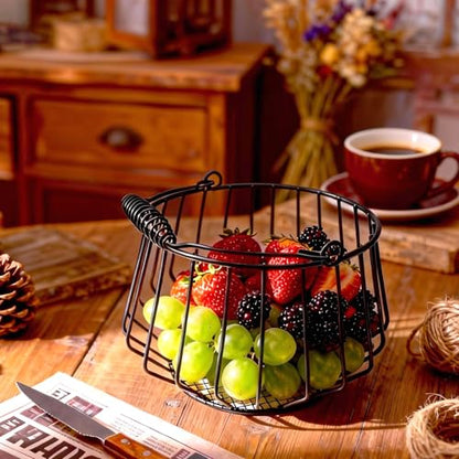 Wire Egg Basket for Gathering Fresh Eggs with Coiled Handle, Chicken Coop | Egg Basket Countertop, Fruit Basket Kitchen Counter, Harvest Basket, Easter Egg Basket, Holds 24 Eggs, Stable Base, Black