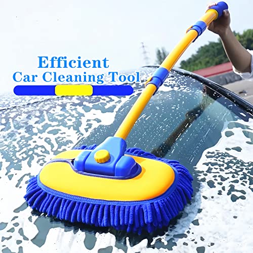 Mveqrrn Upgrade Car Wash Brush with Long Handle,Car Wash Brush Car Cleaning Brush Kit Car Wash Mop Car Wash Brush with Telescopic Pole Car Washing Brush with Scratch-Free Replacement Head(Blue - color: Blue-001