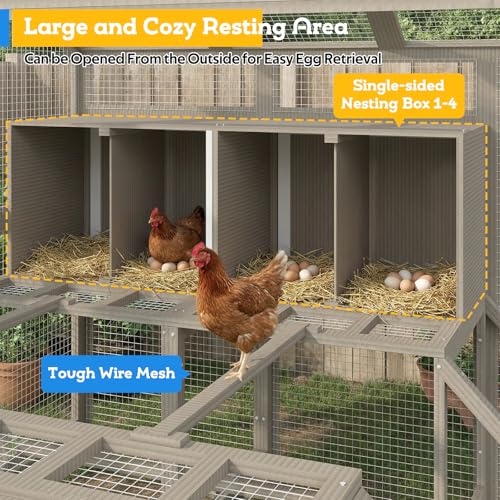 71" H Large Chicken Coop Outdoor Walk in Chicken Run for 8-12 Chickens, Weatherproof Hen House with 8 Nesting Boxes, Ramp, Wooden Poultry Cage for Backyard Yard Farm - color: Walk-in Chicken Coop Grey