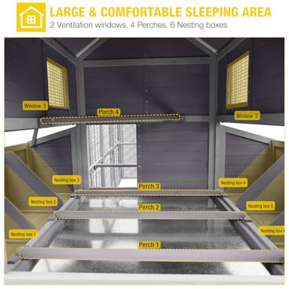 Aivituvin Extra Large Chicken Coop 137" L Hen House Duck Cage for 10-15 Chickens with Spacious Run, 6 Nesting Box, 6 Raised Perches (Grey, AIR46) - color: Grey, size: AIR46