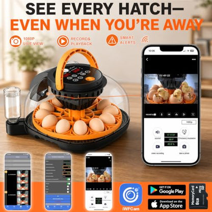 12-Egg Smart WiFi Egg Incubator with 1080p HD Camera, App Control, Auto Turner, Built-in Candler, Temp & Humidity Control, 360° View for Chicken Duck Quail, STEM Toy, 8GB SD Card Included