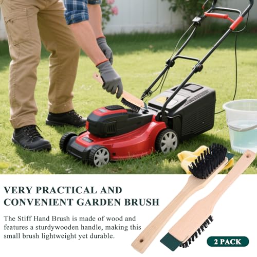 2 Pcs Lawn Mower Stiff Bristle Brush, Heavy Duty Hardstiff Bristle Brush with Scraper Wooden Handles Widely Used for Deck, Machine, Concrete Cleaning