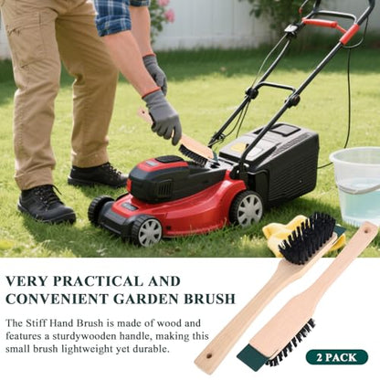 2 Pcs Lawn Mower Stiff Bristle Brush, Heavy Duty Hardstiff Bristle Brush with Scraper Wooden Handles Widely Used for Deck, Machine, Concrete Cleaning