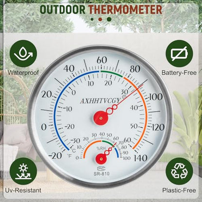 Indoor Outdoor Thermometer Hygrometer, Large Dial Waterproof Wall Mount - Accurate & Easy to Read for Home, Garden, Patio, Greenhouse, Farmhouse Decor by AXHHTVCGY