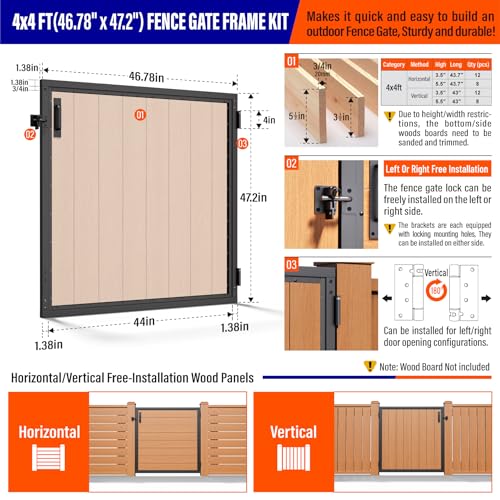 4x4FT (46.78" W X 47.2" H) 201 Stainless Steel Anti Sag Wooden Fence Gate Kit Heavy Duty Garden Gate Frame Hardware Kit Reinforcement (Left/Right Free-Installation) - size: W4xH4 FT
