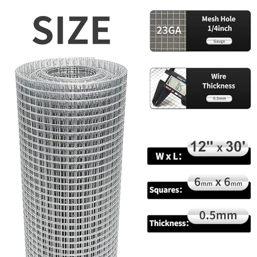 Hardware Cloth 12'' x 30' 1/4 in Galvanized Wire Mesh Roll (23 GA) Chicken Wire Fence Roll for Chicken Pen/coop Fences, Screen mesh, Rabbit/Snake Fences, Poultry enclosures, Handicraft Making, etc. - size: 12In x 30Ft