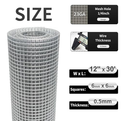 Hardware Cloth 12'' x 30' 1/4 in Galvanized Wire Mesh Roll (23 GA) Chicken Wire Fence Roll for Chicken Pen/coop Fences, Screen mesh, Rabbit/Snake Fences, Poultry enclosures, Handicraft Making, etc. - size: 12In x 30Ft