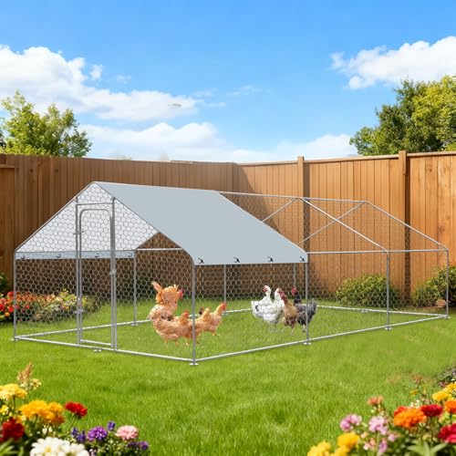 Outdoor Metal Chicken Coop Large Walk-in Poultry Cage Spire-Shaped Chicken Run with Waterproof and Anti-Ultraviolet Cover for Outside,Backyard and Farm,14.7' L*9.8' W*6.4' H - size: 14.7' L*9.8' W*6.4' H