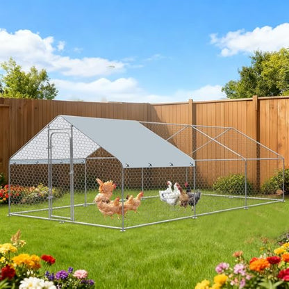 Outdoor Metal Chicken Coop Large Walk-in Poultry Cage Spire-Shaped Chicken Run with Waterproof and Anti-Ultraviolet Cover for Outside,Backyard and Farm,14.7' L*9.8' W*6.4' H - size: 14.7' L*9.8' W*6.4' H