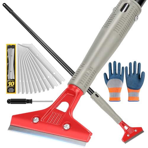 Floor Scraper Long Handle Heavy Duty (30"-58" Adjustable), 4 Inch Razor Blade Scraper Tool for Cleaning Floor Wall Glass Tile Paint Sticker Gum, 10 Extra Blades