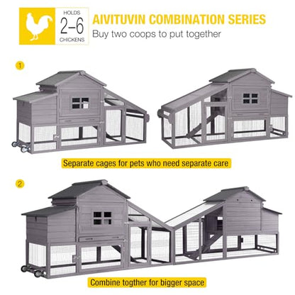 Aivituvin Mobile Chicken Coop with Wheels for 2-4 Chickens, Backyard Expandable Chicken House Duck Cage with Run, 2 Nesting Boxes, Easy Clean Pull-Out Tray, Leak-Resistant Asphalt Roof, 72.3"(Grey) - color: Grey, size: 72.3"L x 26.0"W x 39.4"H