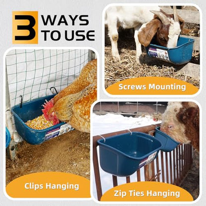 Goovilla Chicken Feeder Waterer, Hanging or Screw-in Fence Feeders with Clips, 2 Pack 5 Quart Goat Feeding Supplies, Duck Piglet Sheeple Coop Dog Livestock Poultry Plastic Feeder Trough Bucket, Blue - color: Dark Blue, size: 5 Quart