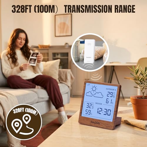Raddy WF-50T Indoor Outdoor Thermometer Hygrometer Wireless Weather Station, Battery Powered Temperature & Humidity Monitor with 5.0’’ Display, Weather Forecast, Wireless Remote Sensor, Dark Wood