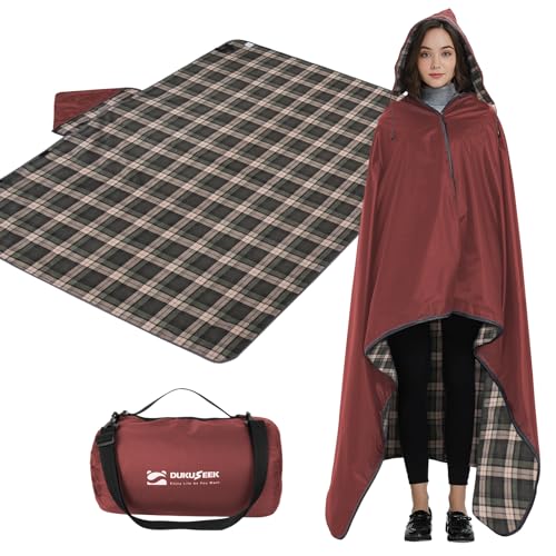 DUKUSEEK Stadium Blanket for All Weather, Waterproof Outdoor Blankets with Hood, Soft Warm Fleece Camping Blanket Windproof for Outdoor Sports, 79x58 - color: Wine-red-blue-plaid