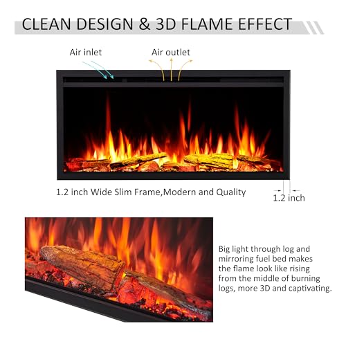 LegendFlame 40" W Smart Wall Mount & in Wall Recessed Electric Fireplace Insert, Heater 750W/1500W, Multi Colors of Flame & Fuel Bed, Alexa/Google Assistant Enabled - size: 40" DEEP
