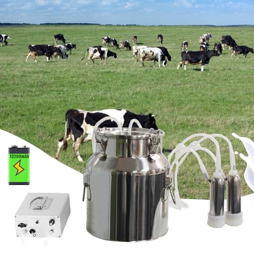 7L Cow Battery Milking Machine,Rechargeable Battery & Adjustable Suction Pulsation Vacuum Electric Milker,Portable Automatic Breast Pump with 2 Teat Cups Stainless Steel Bucket for Goats - size: 7L Cow Battery