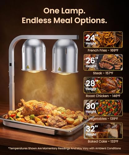 Heat Lamp for Food 500W Teflon-Coated Bulbs Food Heat Lamp for Fast and Even Heating Commercial Food Warmer with 5 Adjustable Height Lamp Stand for Home Restaurant Buffet Bakery Silver | Fast and Even Heating Commercial Food Warmer with 5 Adjustable Heigh