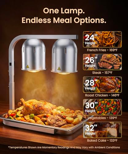 Heat Lamp for Food 500W Teflon-Coated Bulbs Food Heat Lamp for Fast and Even Heating Commercial Food Warmer with 5 Adjustable Height Lamp Stand for Home Restaurant Buffet Bakery Silver | Fast and Even Heating Commercial Food Warmer with 5 Adjustable Heigh