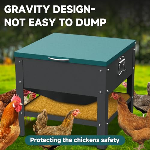 Heavy-Duty Automatic Chicken Feeder 60 lbs Capacity, No-Waste Gravity Poultry Feeder with Lid, Waterproof Galvanized Steel Feeding Box for Hens, Up to 16 Chickens for Coop & Run Use(Green) - color: Green