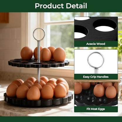 Acacia Wooden Double Layer Egg Holder for 32 Fresh Eggs, Modern Countertop Egg Storage Rack, Fits Chicken, Duck, Turkey Eggs - color: black
