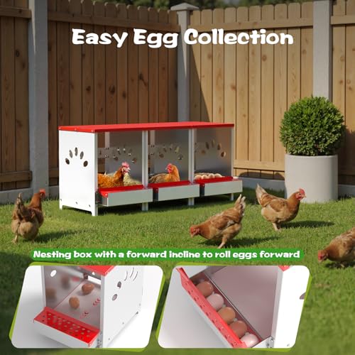 Chicken Nesting Boxes, 3 Hole Large Metal Hen Laying Box with Swing Perch and Roll Away Egg Collection, Wall Mountable with Vented Holes for Chickens Ducks Birds - size: 12.2"L x 9.9"W x 15.4"H