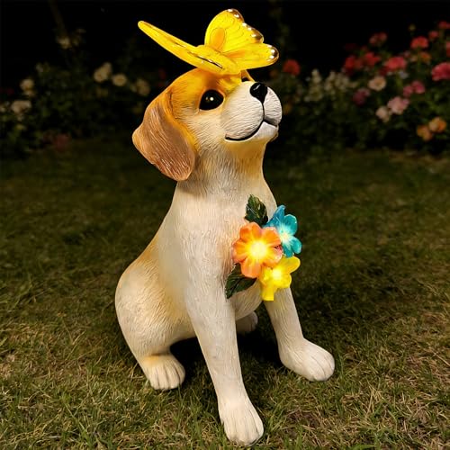 Solar Dog Garden Statues Decor, Outdoor Fairy Dogs Figurines Accessories Decorations with LED Lights Home Patio Balcony Yard Lawn Ornaments, Unique Thanksgiving Gifts for Mom Women Dad Friends - style: butterfly dog