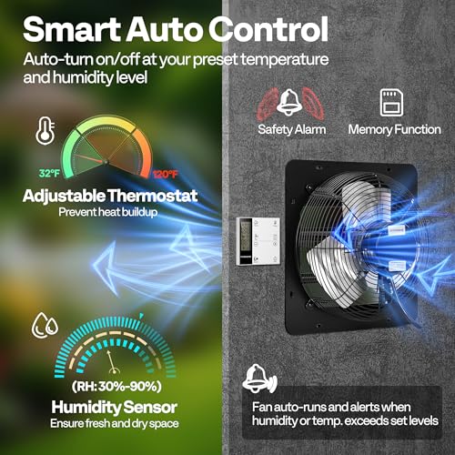 VIVOHOME 12" Shutter Exhaust Fan with EC Motor – 1300 CFM with Thermostat, Variable Speed, Timer, Wall-Mounted for Attic, Garage, Greenhouse, Chicken Coop, Barn Ventilation - size: 12"