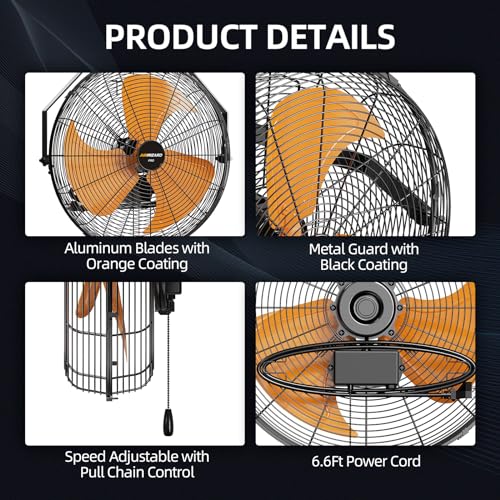 Pro Serie 18 inch Industrial Wall-Mount Fan, 5200 CFM High Velocity Metal Commercial Fan, 3 Speed, Adjustable Tilt, for Garage, Greenhouse, Covered Patio, Workshop, Gym Room, Basement - style: 18 Inch - 5200 CFM