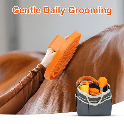 Professional Horse Brush Kit with Storage Tote, 12-Piece Grooming Set for Daily Stable Care, Includes Curry Comb, Hoof Pick & Mane Brush - color: Grey