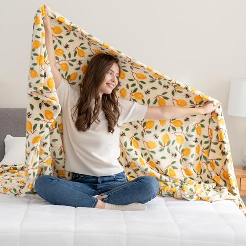 Berkshire Blanket-Classic Heavyweight Soft Printed VelvetLoft® Plush Blanket, Full/Queen Size Soft Fuzzy Warm Blanket for Couch Sofa Bed, Lemons and Bees Yellow, 90in x 90in - color: Lemons and Bees Yellow, size: Full/Queen