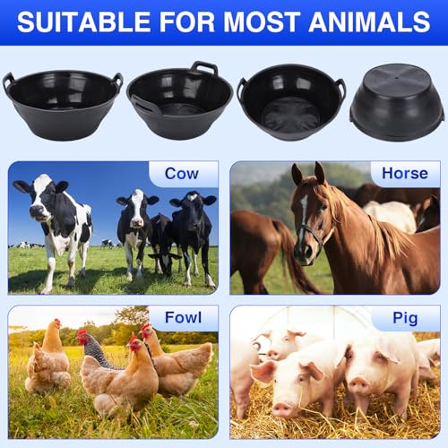 Rubber Feeder Pan, 3.1 Gallon Large Horse Feed Bucket, Heavy Duty Rubber Water Bowl for Livestock, Stackable Chicken Dust Bath Tub for Goats Livestock Animal Feeding Cats Dogs Pigs (4)