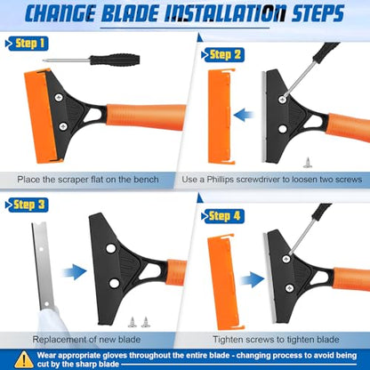 Heavy Duty Floor Scraper with Long Handle,4 Inch Razor Blade Scraper Tool | Cleaning Popcorn Ceiling Wall Glass Windows Gum Paint Tile Glue Linoleum|45.7IN Handle|10PCS Extra Metal Blades|Orange