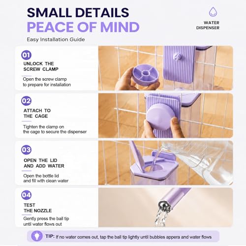 No-Drip Small Animal Water Bottle, 47OZ Large Capacity Leakproof Hanging Pet Water Dispenser for Cage Crate, Water Feeder for Guinea Pig, Hamster, Rabbit, Ferret, Chinchilla (Purple) - color: Purple