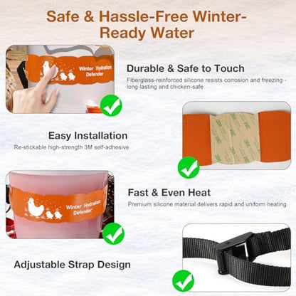 Thermostat Chicken Waterer Heater, Thermo Bucket Belt Heated Strap for 2-5Gal Bucket Chicken Waterers with 6ft Power Cord, 77℉ Automatic Shut-Off, Safe for Outdoor Use, Poultry Water Deicer