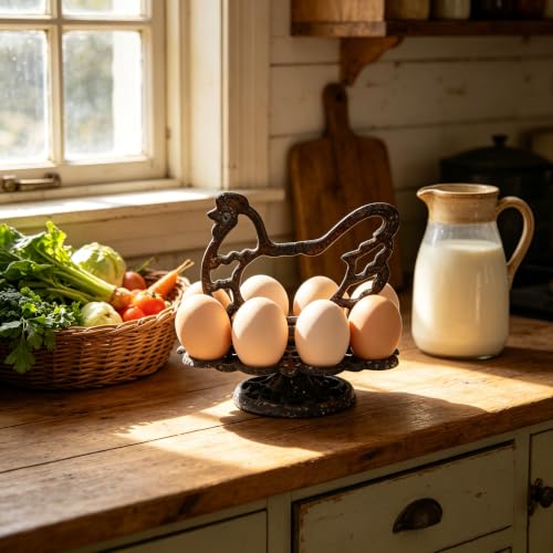 Farmhouse Chicken Shaped Cast Iron Egg Holder, Vintage Distressed Egg Holder Stand, Rustic Kitchen Countertop Egg Storage Rack for Fresh Eggs, Decorative Country Style Kitchen Organizer - color: Antiqued Rusty